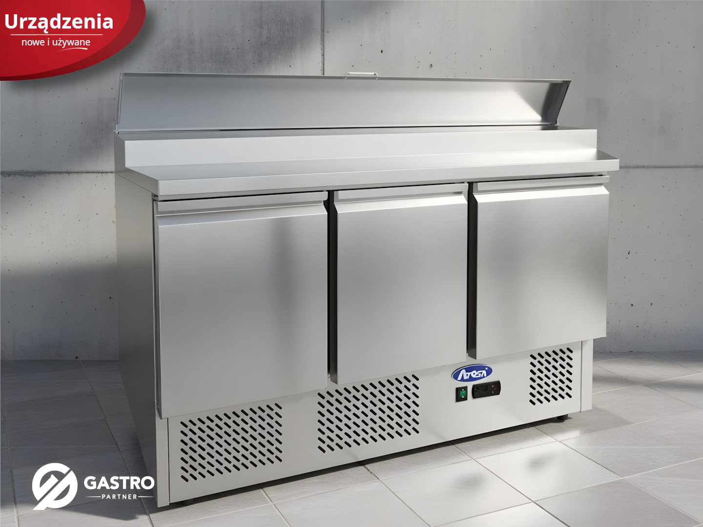Stół sałatkowy 3-drzwiowy linia 700 z blatem stalowym na 8x GN 1/6 Atosa ESL 3853GR